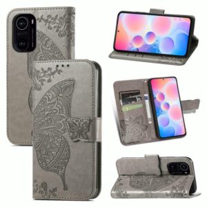 For Xiaomi Redmi K40 /K40 Pro /K40 Pro+ Butterfly Love Flowers Embossed Horizontal Flip Leather Case with Holder & Card Slots & Wallet & Lanyard(Gray) (OEM)