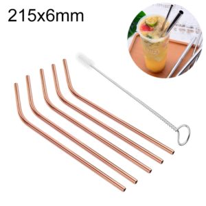5pcs Reusable Stainless Steel Bent Drinking Straw + Cleaner Brush Set Kit, 215*6mm(Rose Gold) (OEM)