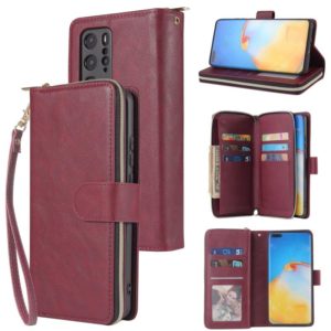 For Huawei P40 Pro Zipper Wallet Bag Horizontal Flip PU Leather Case with Holder & 9 Card Slots & Wallet & Lanyard & Photo Frame(Wine Red) (OEM)