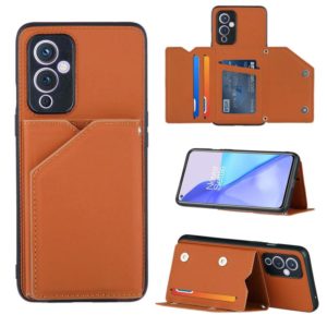 For OnePlus 9 Skin Feel PU + TPU + PC Back Cover Shockproof Case with Card Slots & Holder & Photo Frame(Brown) (OEM)