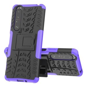 For Sony Xperia 1 III Tire Texture Shockproof TPU+PC Protective Case with Holder(Purple) (OEM)