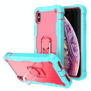 For iPhone XS Max PC + Rubber 3-layers Shockproof Protective Case with Rotating Holder(Mint Green + Rose Red) (OEM)