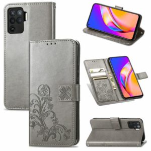 For OPPO A94 5G / F19 Pro+ / Reno5 Z Four-leaf Clasp Embossed Buckle Mobile Phone Protection Leather Case with Lanyard & Card Slot & Wallet & Bracket Function(Grey) (OEM)