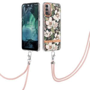 For Nokia G21/G11 Flowers Series TPU Phone Case with Lanyard(Green Gardenia) (OEM)