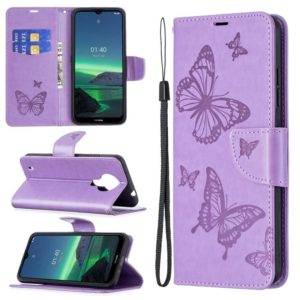 For Nokia 1.4 Embossing Two Butterflies Pattern Horizontal Flip PU Leather Case with Holder & Card Slot & Wallet & Lanyard(Purple) (OEM)