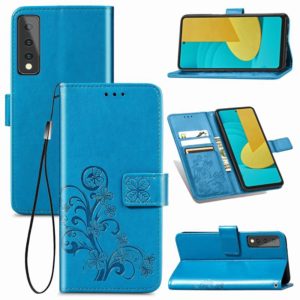 For LG Stylo 7 Four-leaf Clasp Embossed Buckle Mobile Phone Protection Leather Case with Lanyard & Card Slot & Wallet & Bracket Function(Blue) (OEM)