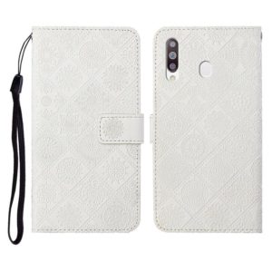 For Samsung Galaxy A20s Ethnic Style Embossed Pattern Horizontal Flip Leather Case with Holder & Card Slots & Wallet & Lanyard(White) (OEM)