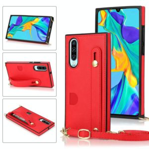 For Huawei P30 Wrist Strap PU+TPU Shockproof Protective Case with Crossbody Lanyard & Holder & Card Slot(Red) (OEM)