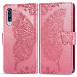 Butterfly Love Flowers Embossing Horizontal Flip Leather Case for Galaxy A50, with Holder & Card Slots & Wallet & Lanyard (Pink) (OEM)