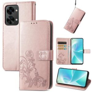 For OnePlus Nord 2T Four-leaf Clasp Embossed Buckle Leather Phone Case(Rose Gold) (OEM)