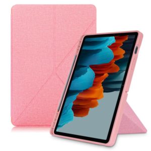 For Samsung Galaxy Tab S8 / Galaxy Tab S7 T870 Cloth Texture Multi-folding Horizontal Flip PU Leather Shockproof Case with Holder & Sleep / Wake-up Function(Pink) (OEM)