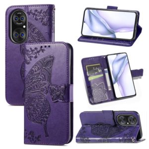 For Huawei P50 Butterfly Love Flowers Embossed Horizontal Flip Leather Case with Holder & Card Slots & Wallet & Lanyard(Dark Purple) (OEM)