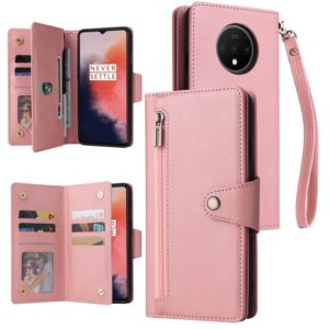 For OnePlus 7T Rivet Buckle 9 Cards Three Fold Leather Phone Case(Rose Gold) (OEM)