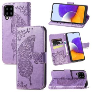 For Samsung Galaxy A22 5G Butterfly Love Flowers Embossed Horizontal Flip Leather Case with Holder & Card Slots & Wallet & Lanyard(Light Purple) (OEM)