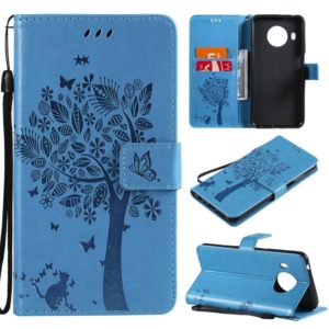 For Nokia X20 Tree & Cat Pattern Pressed Printing Horizontal Flip PU Leather Case with Holder & Card Slots & Wallet & Lanyard(Blue) (OEM)