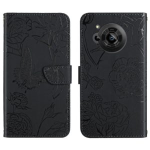 For Sharp Aquos R7 Skin Feel Butterfly Peony Embossed Leather Phone Case(Black) (OEM)