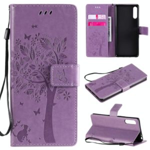 For Sony Xperia L4 Tree & Cat Embossed Pattern Horizontal Flip Leather Case with Holder & Card Slots & Wallet & Lanyard(Light Purple) (OEM)