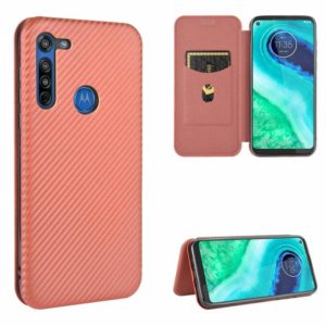 For Motorola Moto G8 Carbon Fiber Texture Horizontal Flip TPU + PC + PU Leather Case with Rope & Card Slot(Brown) (OEM)
