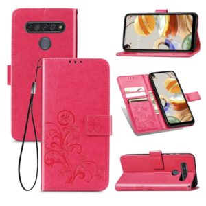 For LG K61 Four-leaf Clasp Embossed Buckle Mobile Phone Protection Leather Case with Lanyard & Card Slot & Wallet & Bracket Function(Magenta) (OEM)