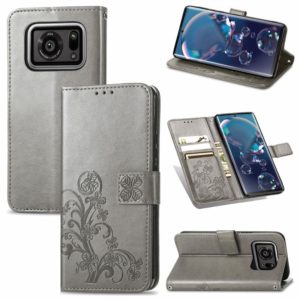 For Sharp R6 Four-leaf Clasp Embossed Buckle Mobile Phone Protection Leather Case with Lanyard & Card Slot & Wallet & Bracket Function(Gray) (OEM)