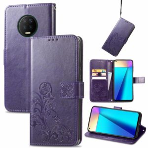 For Infinix Note 7 Four-leaf Clasp Embossed Buckle Mobile Phone Protection Leather Case with Lanyard & Card Slot & Wallet & Bracket Function(Purple) (OEM)