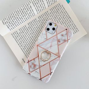 For iPhone 11 Pro Max Plating Colorful Geometric Pattern Mosaic Marble TPU Mobile Phone Case Rhinestone Stand Ring(White PR3) (OEM)