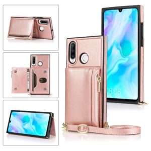 For Huawei P30 Lite Square Zipper Wallet Bag TPU+PU Back Cover Case with Holder & Card Slots & Wallet & Cross-body Strap(Rose Gold) (OEM)