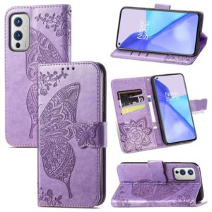 For OnePlus 9 Butterfly Love Flowers Embossed Horizontal Flip Leather Case with Holder & Card Slots & Wallet & Lanyard(Light Purple) (OEM)
