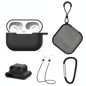 For AirPods Pro 5 in 1 Silicone Earphone Protective Case + Earphone Bag + Earphones Buckle + Hook + Anti-lost Rope Set(Black) (OEM)