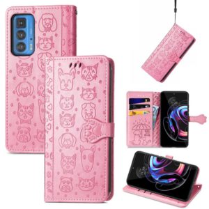 For Motorola Edge 20 Pro Lovely Cat and Dog Embossing Pattern Horizontal Flip Leather Case , with Holder & Card Slots & Wallet & Cartoon Clasp & Lanyard(Pink) (OEM)
