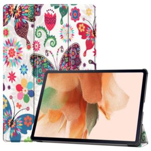 For Samsung Galaxy Tab S7 Lite T730 / T735 / Tab S7 FE T736 Custer Painted PU Leather Case with Sleep / Wake-up Function & 3-Fold Holder(Color Butterfly) (OEM)