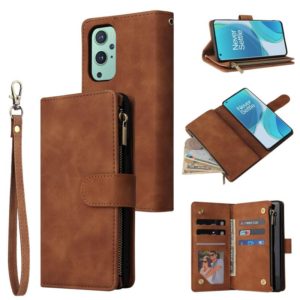 For OnePlus 9 Multifunctional Frosted Zipper Wallet Leather Phone Case(Brown) (OEM)