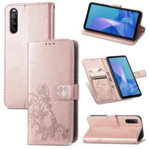 For Sony Xperia 10 III Four-leaf Clasp Embossed Buckle Mobile Phone Protection Leather Case with Lanyard & Card Slot & Wallet & Bracket Function(Rose Gold) (OEM)