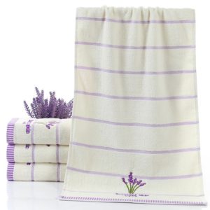 Pure Cotton Thicken Stripe Face Towels Lavender Pattern Absorbent Face Towels(White) (OEM)