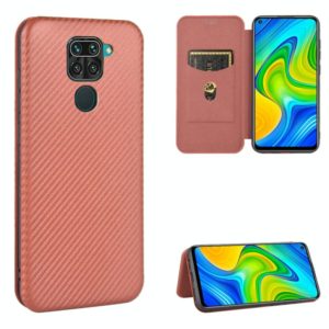 For Xiaomi Redmi Note 9 Carbon Fiber Texture Horizontal Flip TPU + PC + PU Leather Case with Card Slot(Brown) (OEM)