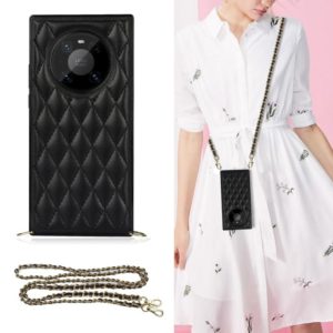 For Huawei Mate 40 Pro Elegant Rhombic Pattern Microfiber Leather +TPU Shockproof Case with Crossbody Strap Chain(Black) (OEM)