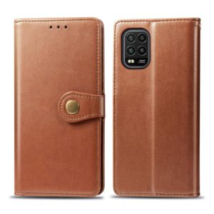 For Xiaomi Mi 10 Lite 5G Retro Solid Color Leather Buckle Phone Case with Lanyard & Photo Frame & Card Slot & Wallet & Stand Function(Brown) (OEM)