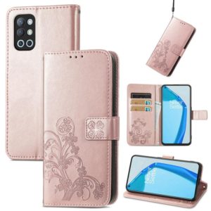 For OnePlus 9R Four-leaf Clasp Embossed Buckle Mobile Phone Protection Leather Case with Lanyard & Card Slot & Wallet & Bracket Function(Rose Gold) (OEM)