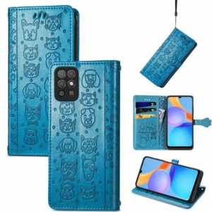 For Honor Play 5T Youth Cat and Dog Embossed Horizontal Flip Phone Leather Case with Holder & Card Slot & Wallet & Lanyard(Blue) (OEM)