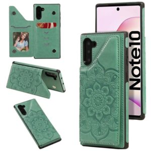 For Samsung Galaxy Note10 Flower Embossing Pattern Shockproof Protective Case with Holder & Card Slots & Photo Frame(Green) (OEM)