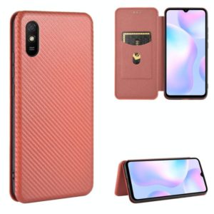 For Xiaomi Redmi 9A Carbon Fiber Texture Horizontal Flip TPU + PC + PU Leather Case with Card Slot(Brown) (OEM)