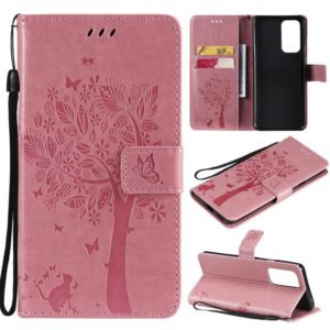 For OnePlus 9 Pro Tree & Cat Pattern Pressed Printing Horizontal Flip PU Leather Case with Holder & Card Slots & Wallet & Lanyard(Pink) (OEM)