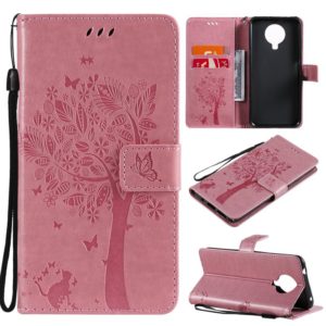 For Nokia 6.3 Tree & Cat Pattern Pressed Printing Horizontal Flip PU Leather Case with Holder & Card Slots & Wallet & Lanyard(Pink) (OEM)
