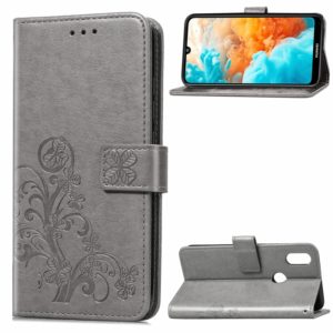 Lucky Clover Pressed Flowers Pattern Leather Case for Huawei Y6 2019, with Holder & Card Slots & Wallet & Hand Strap (Grey) (OEM)