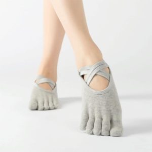 Terry Five-Finger Socks Cotton Thickened Warm and Non-Slip Yoga Socks Cross Strap Dance Socks, Size: One Size(Full Toe (Light Gray)) (OEM)