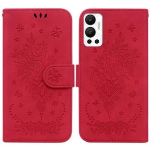 For Infinix Hot 12 Butterfly Rose Embossed Leather Phone Case(Red) (OEM)