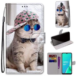 For OPPO A9 (2020) / A5 (2020) / A11X / A11 Coloured Drawing Cross Texture Horizontal Flip PU Leather Case with Holder & Card Slots & Wallet & Lanyard(Slant Hat Blue Mirror Cat) (OEM)