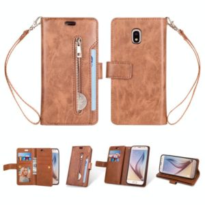 For Samsung Galaxy J3 (2018) / Galaxy J7 (2018) Multifunctional Zipper Horizontal Flip Leather Case with Holder & Wallet & 9 Card Slots & Lanyard(Brown) (OEM)
