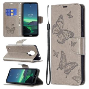 For Nokia 1.4 Embossing Two Butterflies Pattern Horizontal Flip PU Leather Case with Holder & Card Slot & Wallet & Lanyard(Grey) (OEM)
