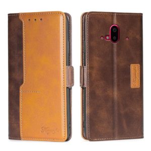 For Fujitsu Arrows F-52B Contrast Color Side Buckle Leather Phone Case(Dark Brown + Gold) (OEM)